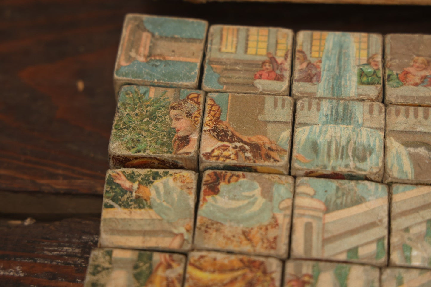 Lot 041 - Antique Lithographed Block Puzzle With Snow White And The Seven Dwarves On Cover, 35 Pieces, Complete, Various Wear And Losses, Fading