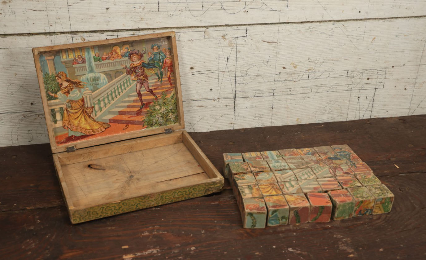 Lot 041 - Antique Lithographed Block Puzzle With Snow White And The Seven Dwarves On Cover, 35 Pieces, Complete, Various Wear And Losses, Fading