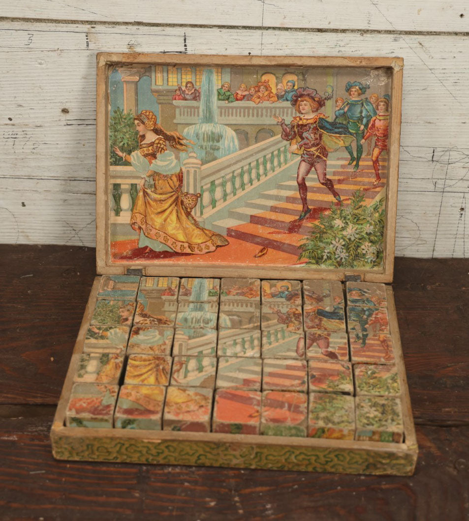 Lot 041 - Antique Lithographed Block Puzzle With Snow White And The Seven Dwarves On Cover, 35 Pieces, Complete, Various Wear And Losses, Fading