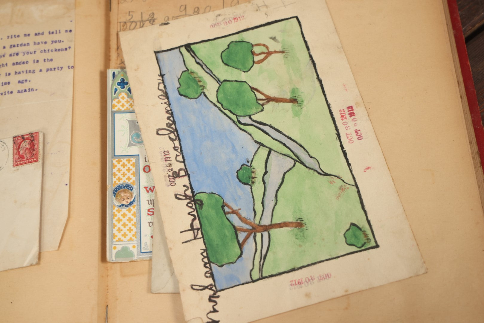 Lot 044 - Antique Scrapbook With Many Hand Drawn Illustrations, Cards, Watercolors, Belonged To The Brockunier Family, January 1St, 1912