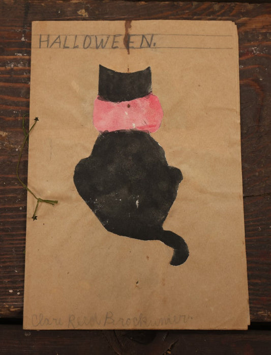 Lot 045 - Antique Child's Halloween Arts And Crafts Project, Various Paper Cut Silhouettes, Including Cats, Bats,  Witch, And More, By Clare Reed Brockunier, Circa 1912