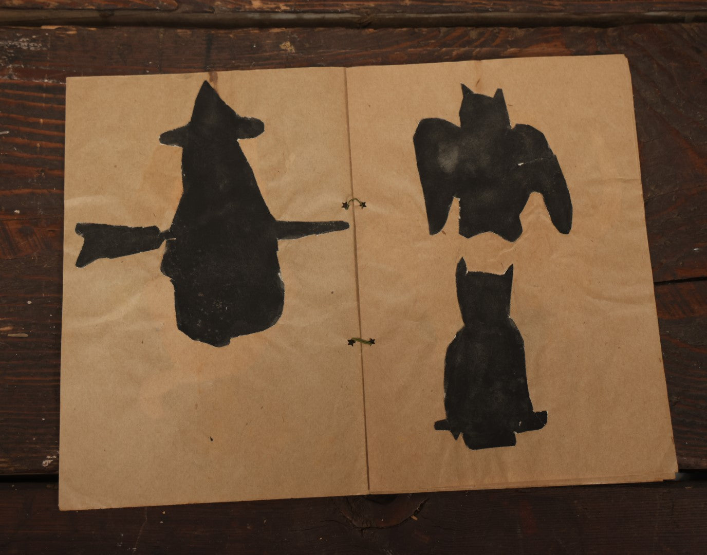 Lot 045 - Antique Child's Halloween Arts And Crafts Project, Various Paper Cut Silhouettes, Including Cats, Bats,  Witch, And More, By Clare Reed Brockunier, Circa 1912