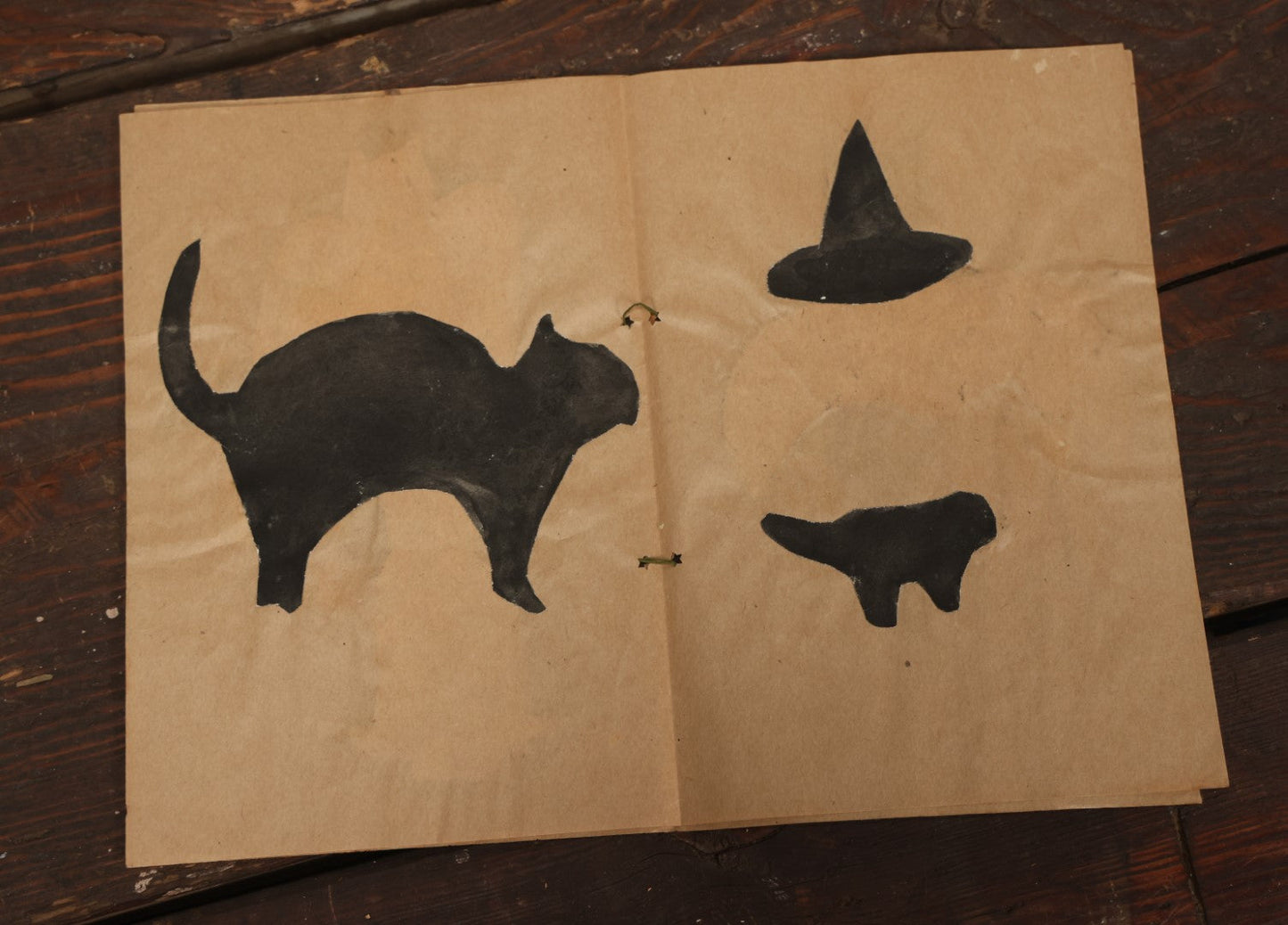 Lot 045 - Antique Child's Halloween Arts And Crafts Project, Various Paper Cut Silhouettes, Including Cats, Bats,  Witch, And More, By Clare Reed Brockunier, Circa 1912