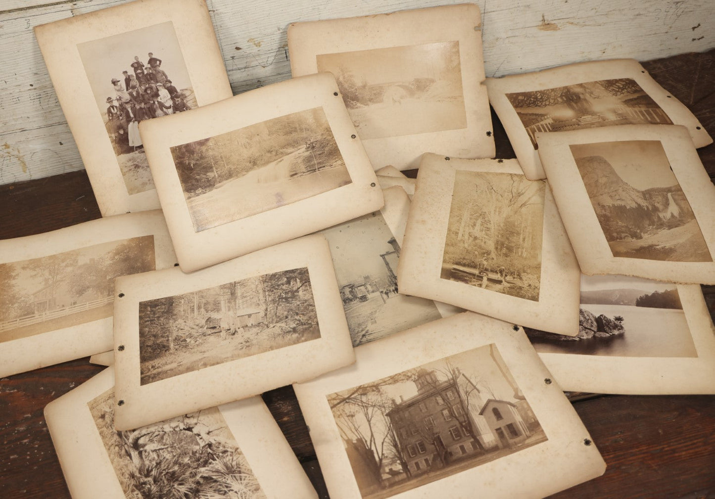 Lot 046 - Grouping Of 10+ Antique Boarded Photographs (Two Photos Per Each, Double Sided) Featuring Landscapes, Buildings, Possible Early Photo Of San Francisco Street, Etc., Circa 1880s