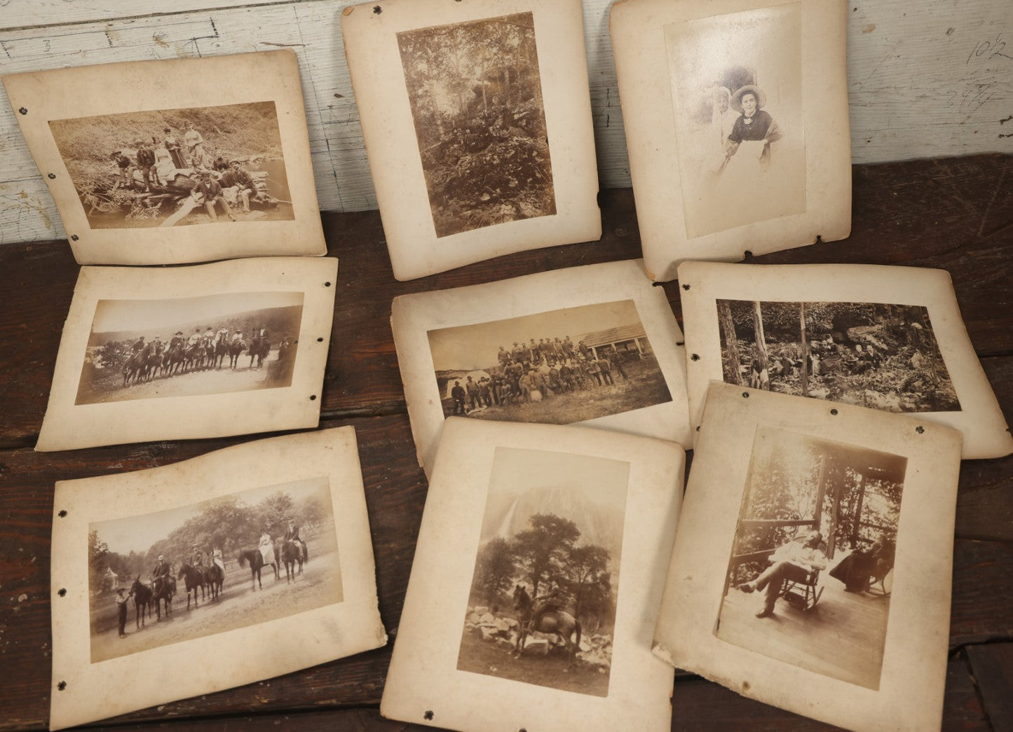 Lot 047 - Grouping Of 9+ Antique Boarded Photographs (Two Photos Per Each, Double Sided) Featuring People On Horseback, Couple Sleeping On Porch, Various Group Nature Photos, Circa 1880s