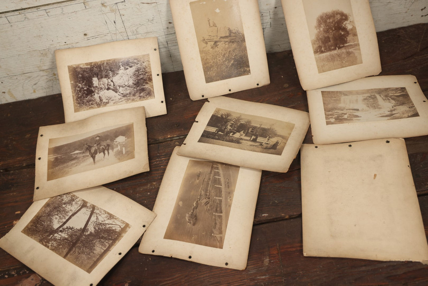 Lot 047 - Grouping Of 9+ Antique Boarded Photographs (Two Photos Per Each, Double Sided) Featuring People On Horseback, Couple Sleeping On Porch, Various Group Nature Photos, Circa 1880s