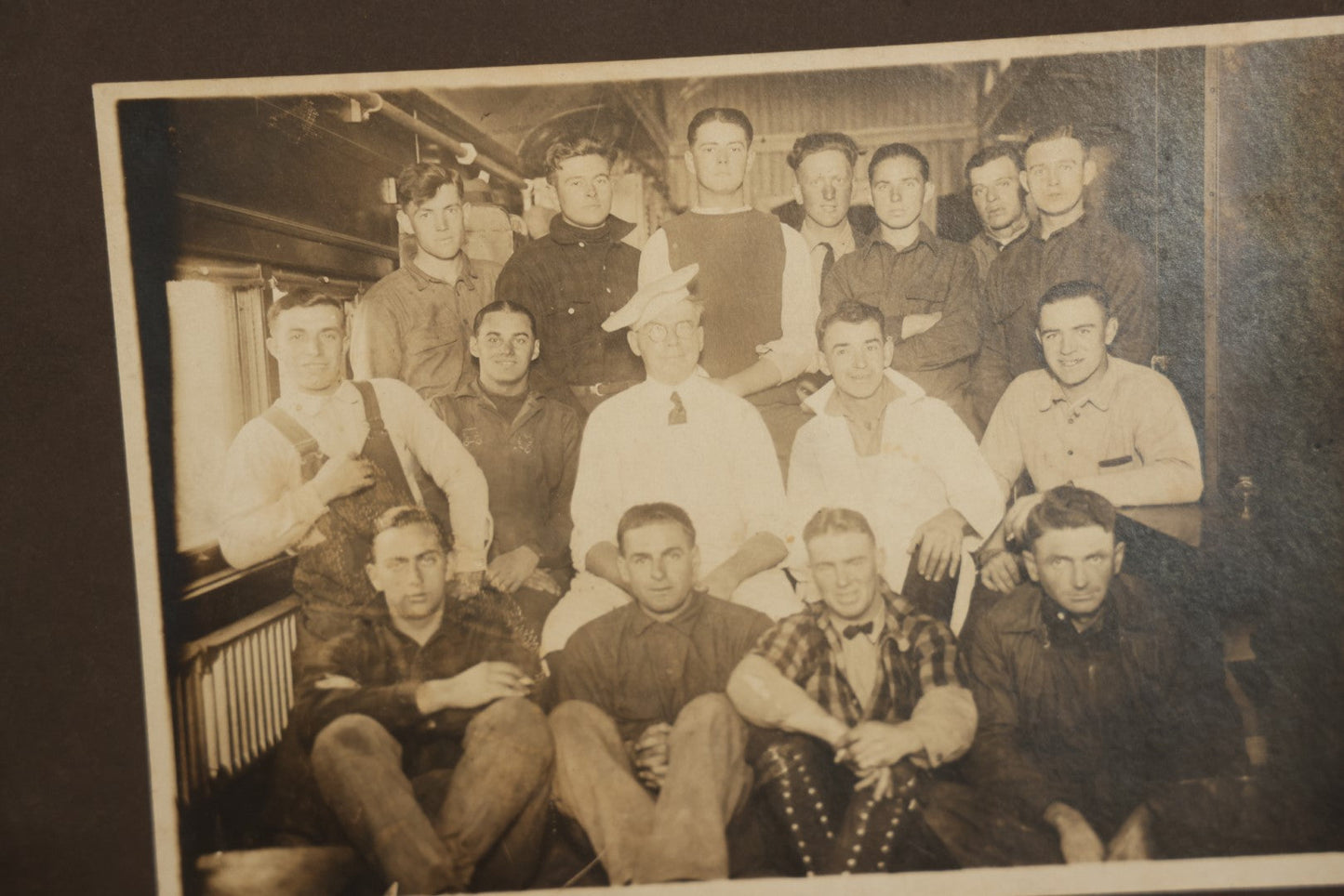 Lot 050 - Antique Boarded Group Photograph Of Interesting, Tough Looking Men, Young Men With Older Man, Appears To Be Taken On A Train