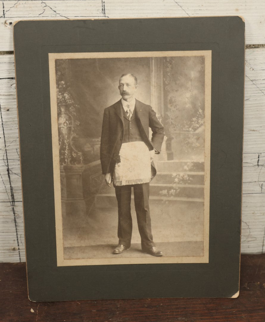 Lot 052 - Antique Boarded Portrait Photo Of A Freemason In Apron With Compass And Square, "G"