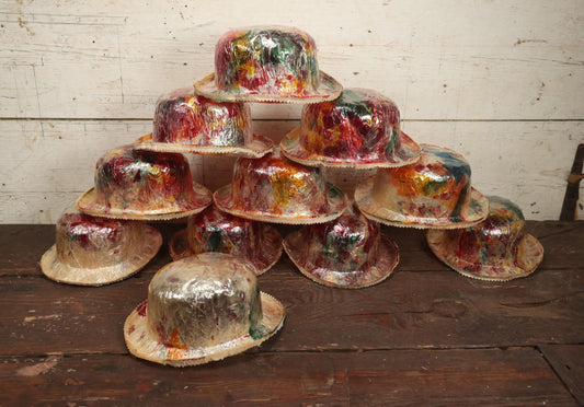 Lot 055 - Grouping Of 11 Vintage Plastic Colorful Party Bowler Hats, Various Pieces Of Colored Plastic