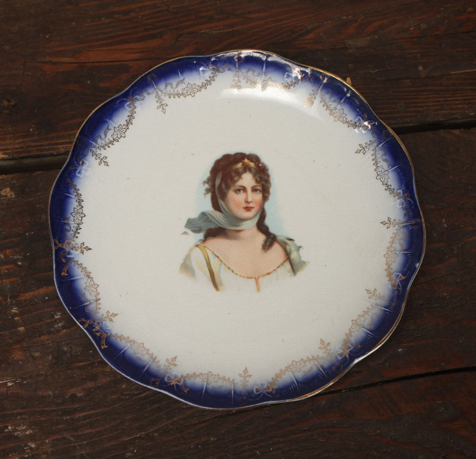 Lot 062 - Antique Porcelain Transferware Plate, With Woman With White Scarf, Tiara With Star In Hair, Limoges China