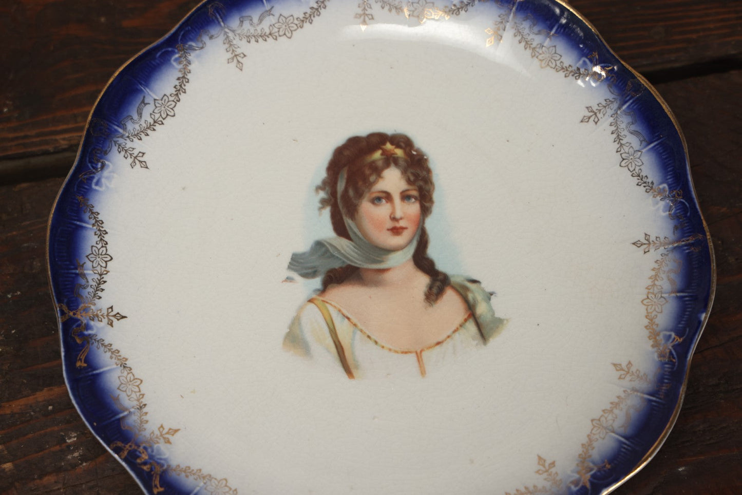 Lot 062 - Antique Porcelain Transferware Plate, With Woman With White Scarf, Tiara With Star In Hair, Limoges China