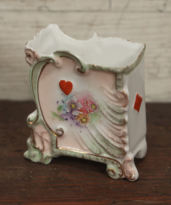 Lot 066 - Antique Porcelain Playing Cards Deck Holder With Card Suits, Floral Scene, Likely German