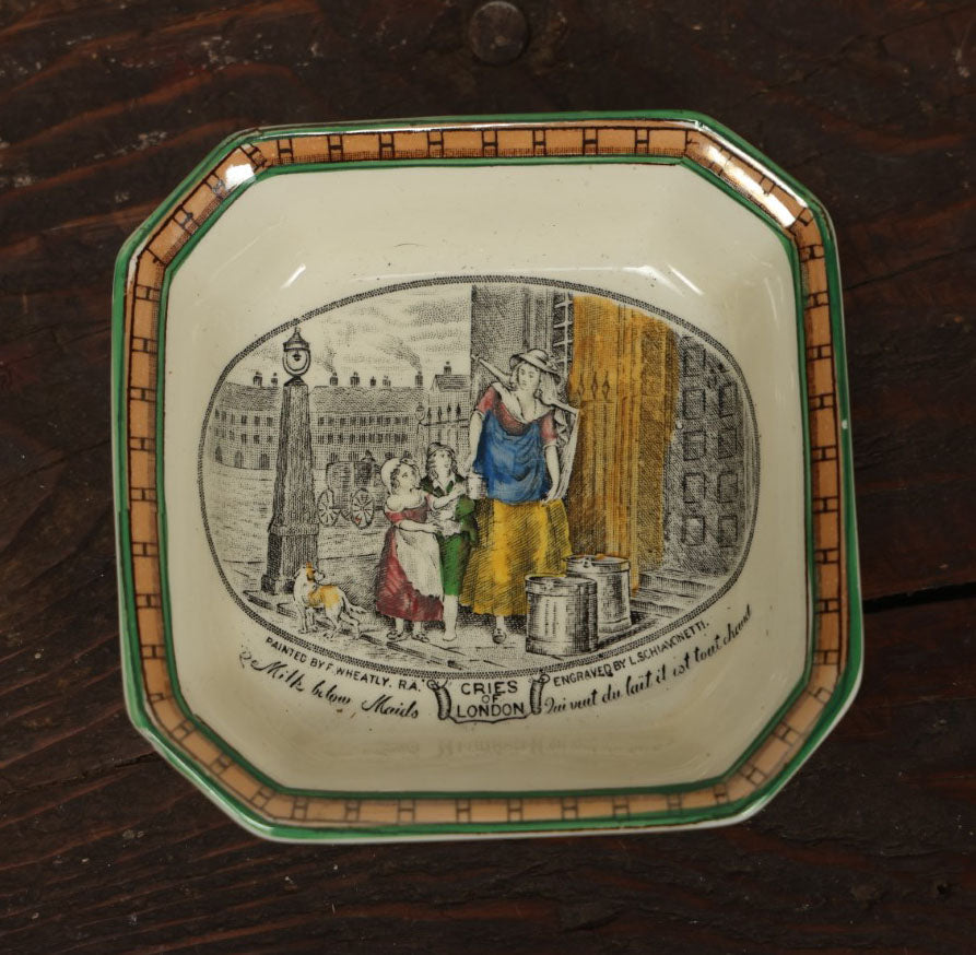 Lot 067 - Antique Small Porcelain Cries Of London Plate, With Woman, Children, Milkmaids, French Text "Qui Veut Du Lait?", "Who Wants Some Milk", By Adams, England