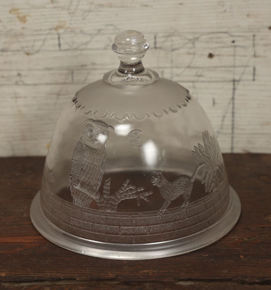 Lot 073 - Antique E.A.P.G. Early American Pattern Glass Cheese Or Butter Keeper Dome Cover With Black Cats, Owls, Man In The Moon 