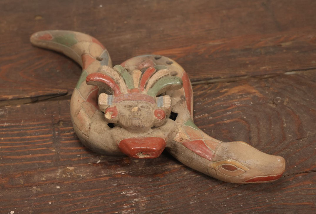 Lot 079 - Vintage Redware Ceramic Snake Aztec Mexican Pottery Whistle Ocarina, Note Various Wear, Cracking, Losses, Makes Noise