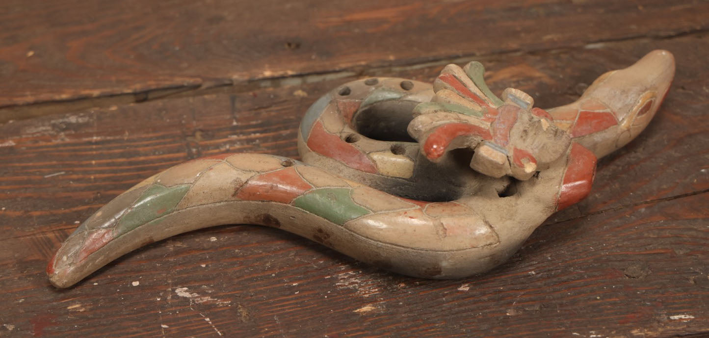 Lot 079 - Vintage Redware Ceramic Snake Aztec Mexican Pottery Whistle Ocarina, Note Various Wear, Cracking, Losses, Makes Noise