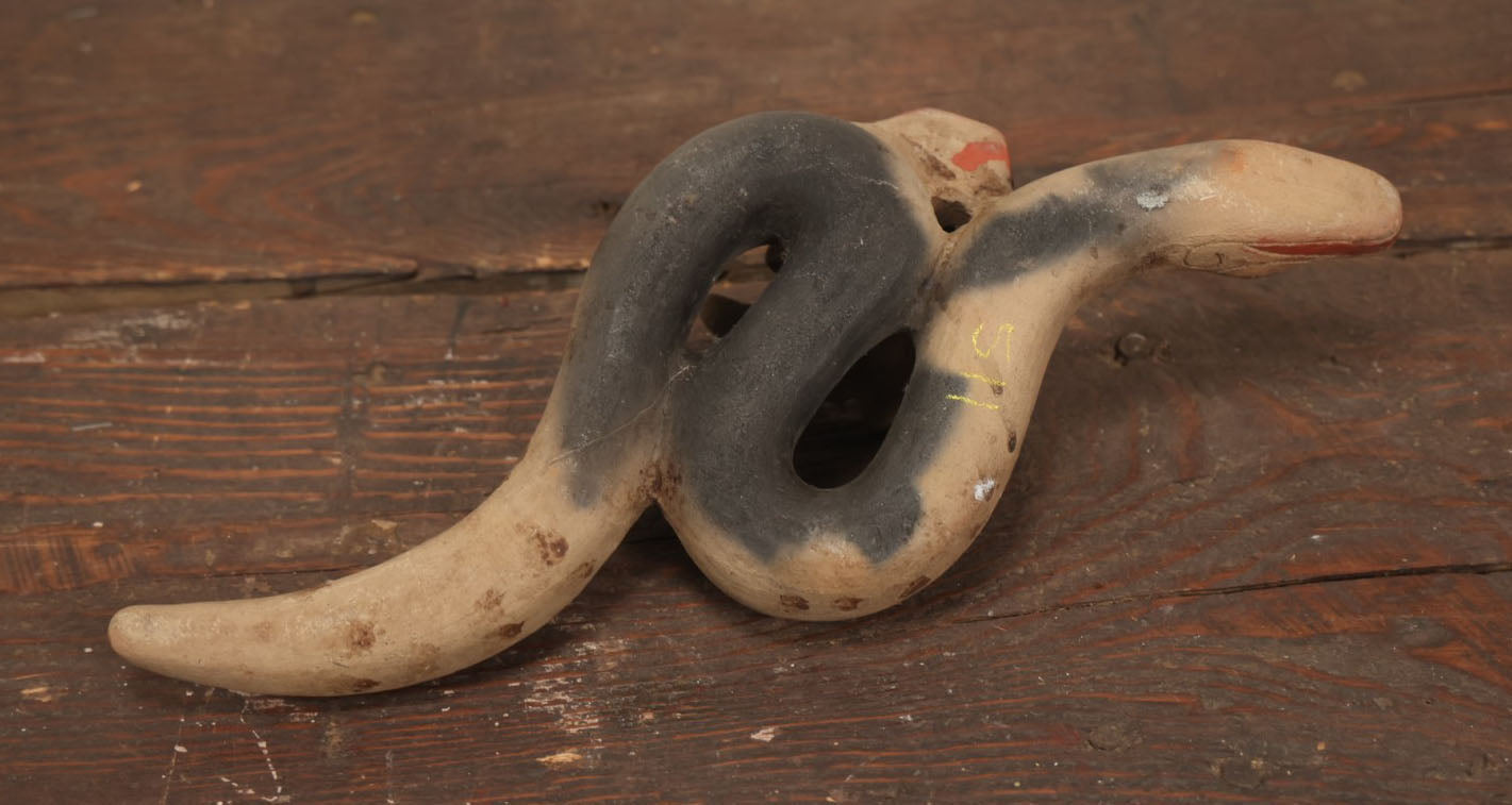 Lot 079 - Vintage Redware Ceramic Snake Aztec Mexican Pottery Whistle Ocarina, Note Various Wear, Cracking, Losses, Makes Noise