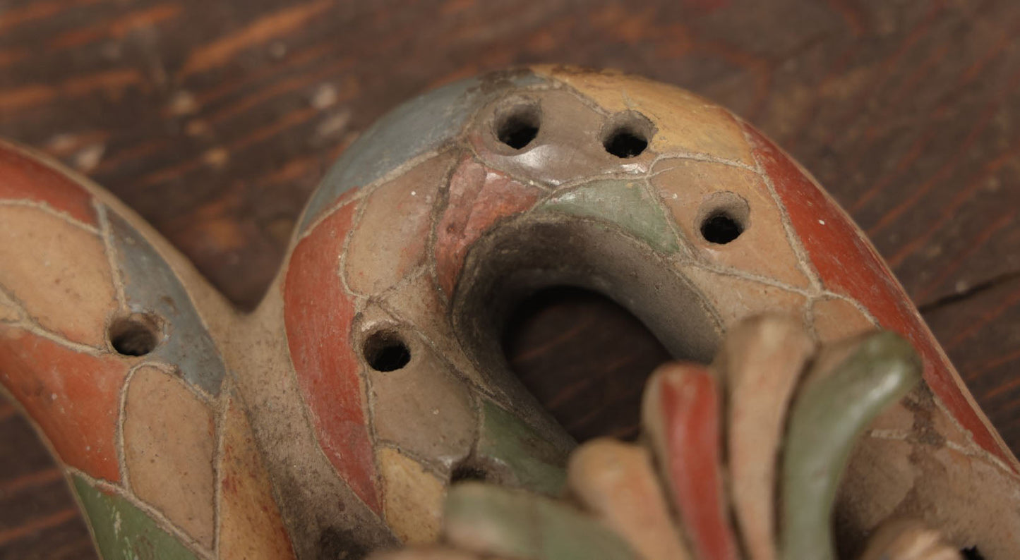 Lot 079 - Vintage Redware Ceramic Snake Aztec Mexican Pottery Whistle Ocarina, Note Various Wear, Cracking, Losses, Makes Noise