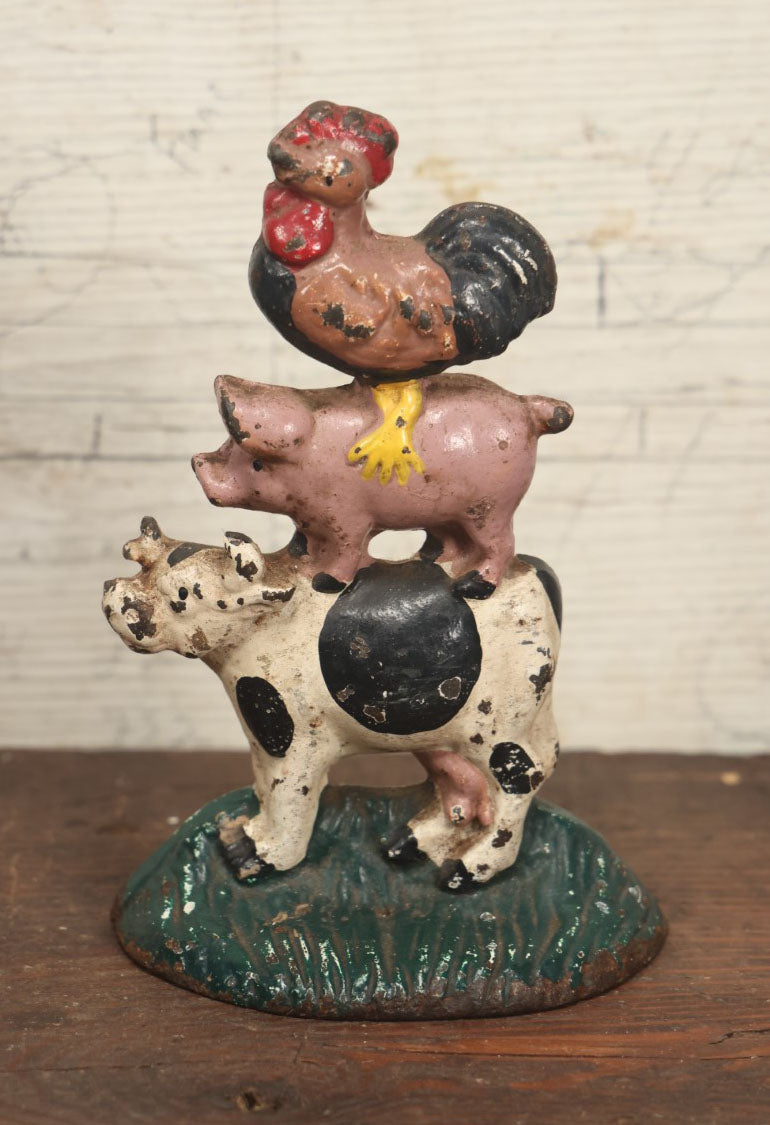 Lot 080 - Vintage Cast Iron Farm Animals Painted Doorstop With Chicken, Pig, Cow