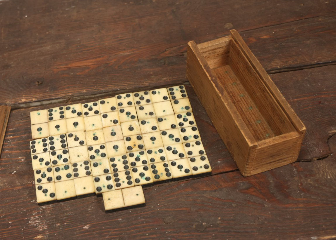 Lot 081 - Antique Bone And Ebony Dominoes Set With Wooden Carrying Box, 28 Dominoes In Total, Complete Double Six Set