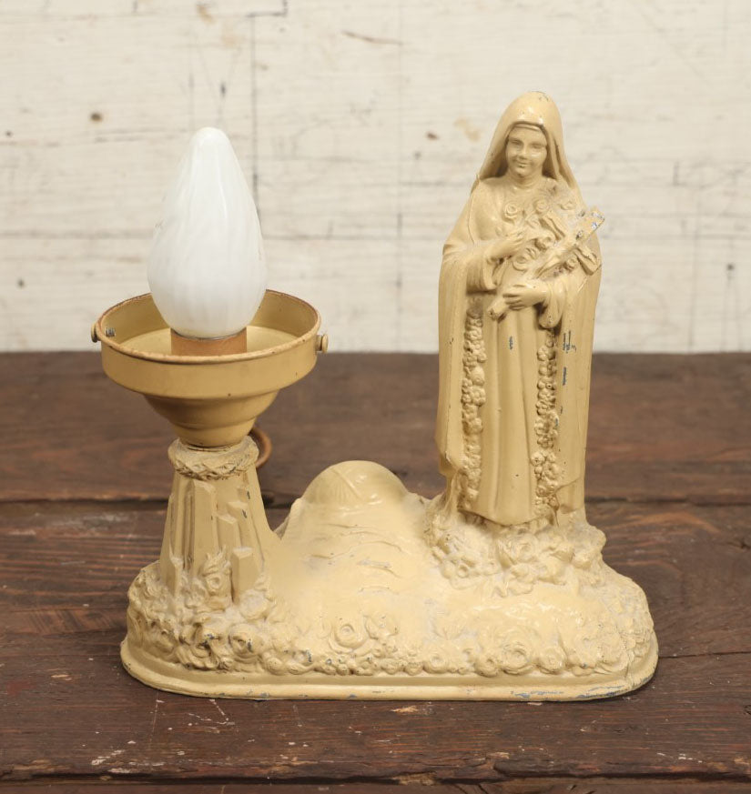 Lot 082 - Vintage Pot Metal Figural Religious Lamp With St. Therese Of Lisieux, "Little Flower Of Jesus," Working, With Bulb, No Power Switch, See Notes