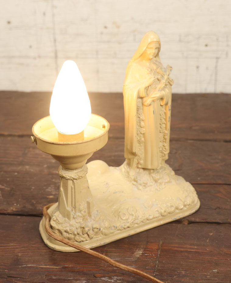 Lot 082 - Vintage Pot Metal Figural Religious Lamp With St. Therese Of Lisieux, "Little Flower Of Jesus," Working, With Bulb, No Power Switch, See Notes