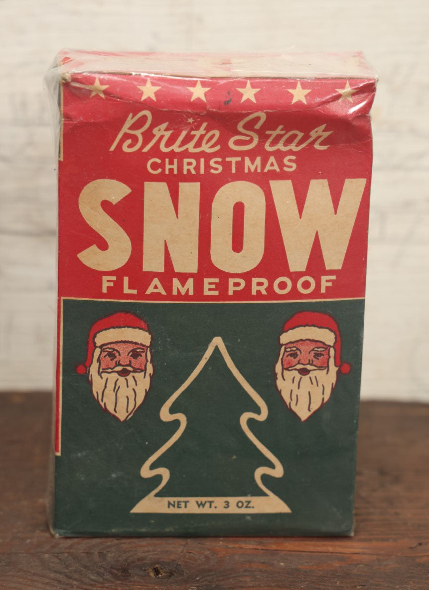 Lot 087 - Vintage Brite Star Christmas Snow Mic Flakes Powder 3 Ounce Box, With Christmas Tree And Santa Claus Graphics, Wrapped In Plastic, Some Contents, By Brite Star Mfg. Co., Philadelphia, Pennsylvania