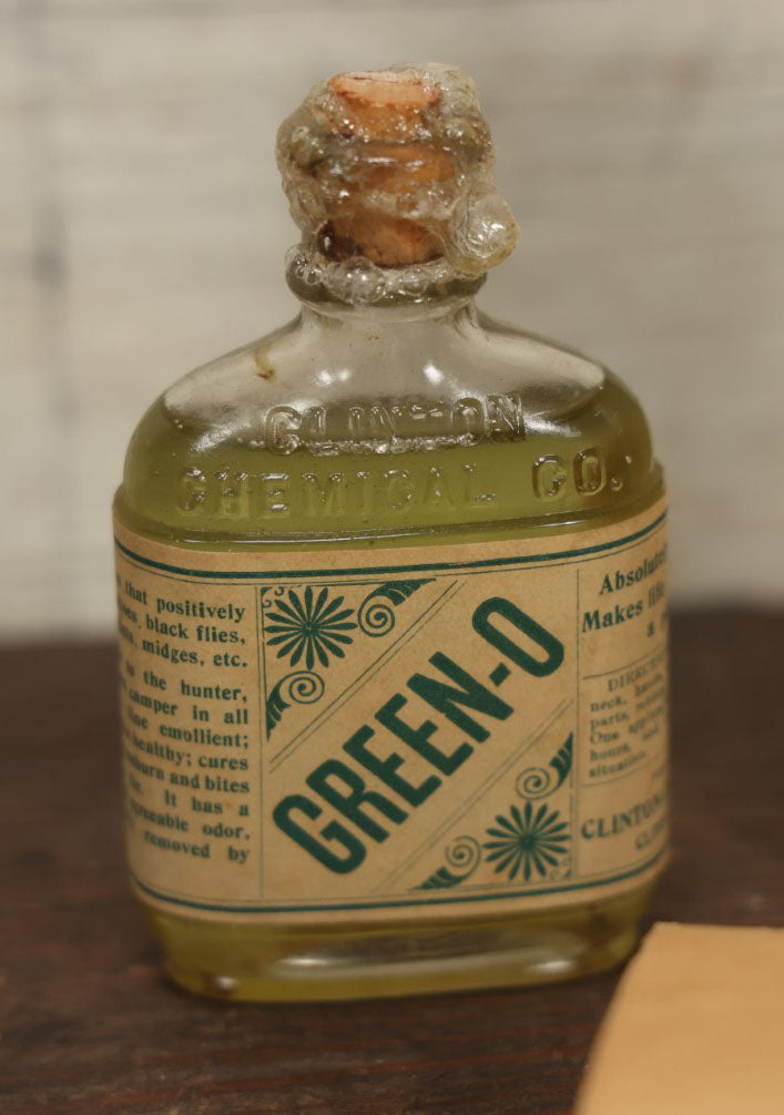 Lot 090 - Vintage New Old Stock N.O.S. Green-O Insect Repellent Embossed Bottle In Original Box With Paper Insert, Sealed, With Contents, By Clinton Chemical Co., Clinton, Massachusetts