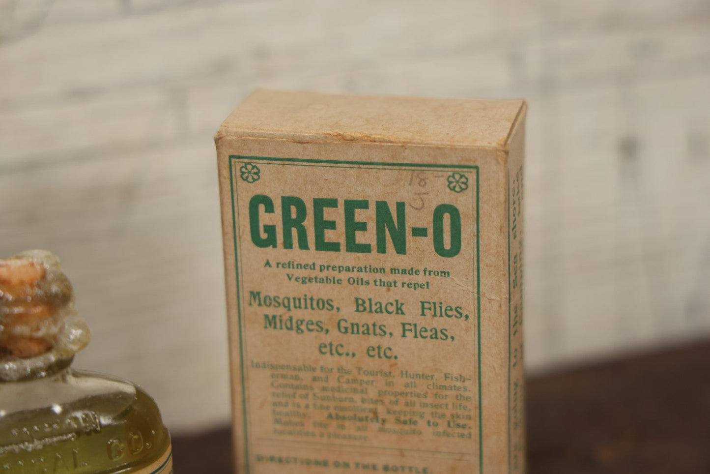 Lot 090 - Vintage New Old Stock N.O.S. Green-O Insect Repellent Embossed Bottle In Original Box With Paper Insert, Sealed, With Contents, By Clinton Chemical Co., Clinton, Massachusetts