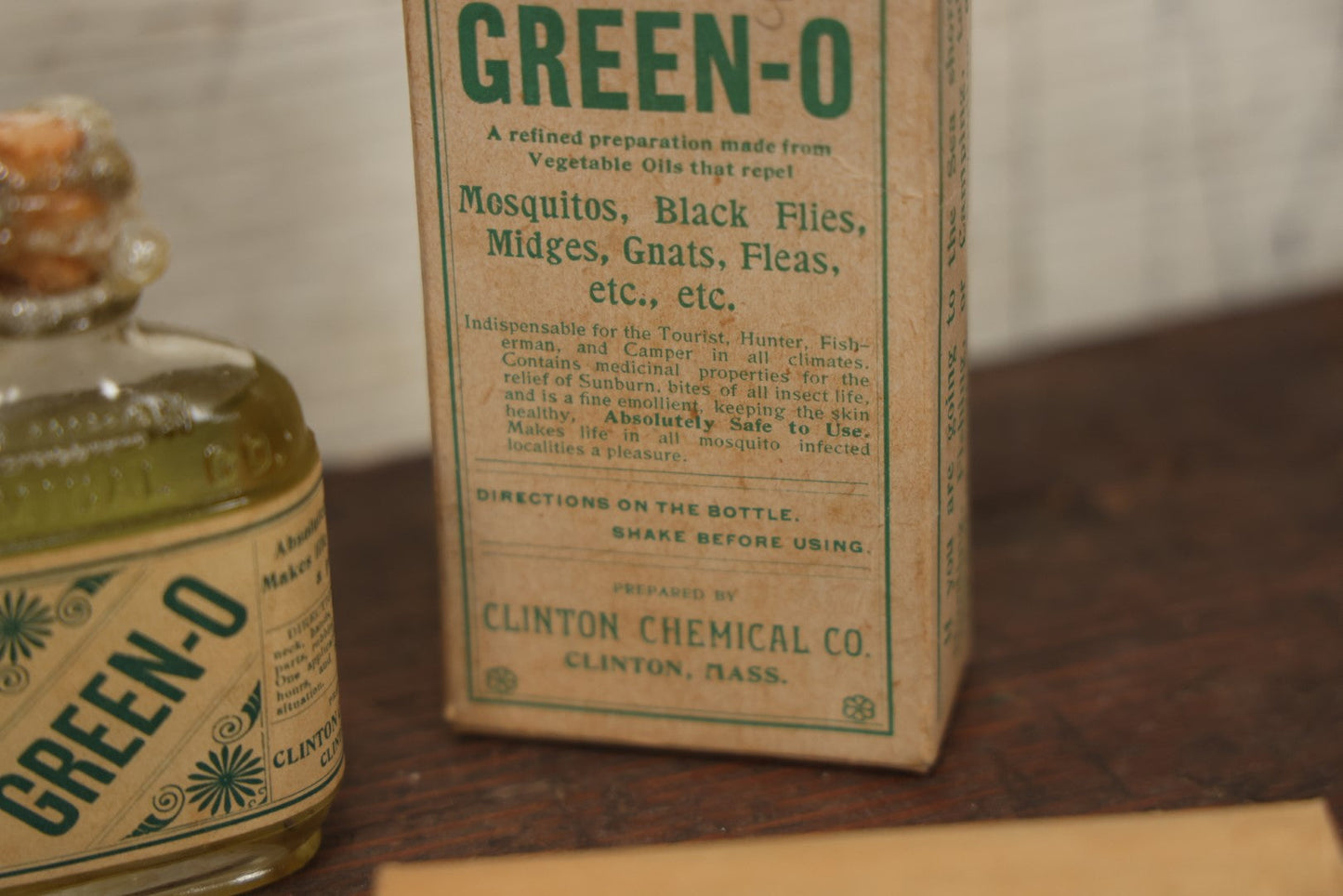 Lot 090 - Vintage New Old Stock N.O.S. Green-O Insect Repellent Embossed Bottle In Original Box With Paper Insert, Sealed, With Contents, By Clinton Chemical Co., Clinton, Massachusetts