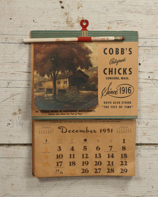 Lot 092 - Vintage December 1951 Advertising Calendar From Cobb's Pedigreed Chicks, Concord, Massachusetts, Featuring The Covered Bridge At Charlemont, Massachusetts, With Pencil