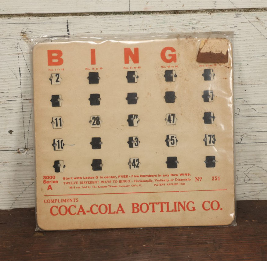 Lot 093 - Vintage Advertising Bingo Card Compliments Of The Coca-Cola Bottling Company, Manufactured By The Kemper-Thomas Company, Cincinnati, Ohio, No 351, Circa 1940s