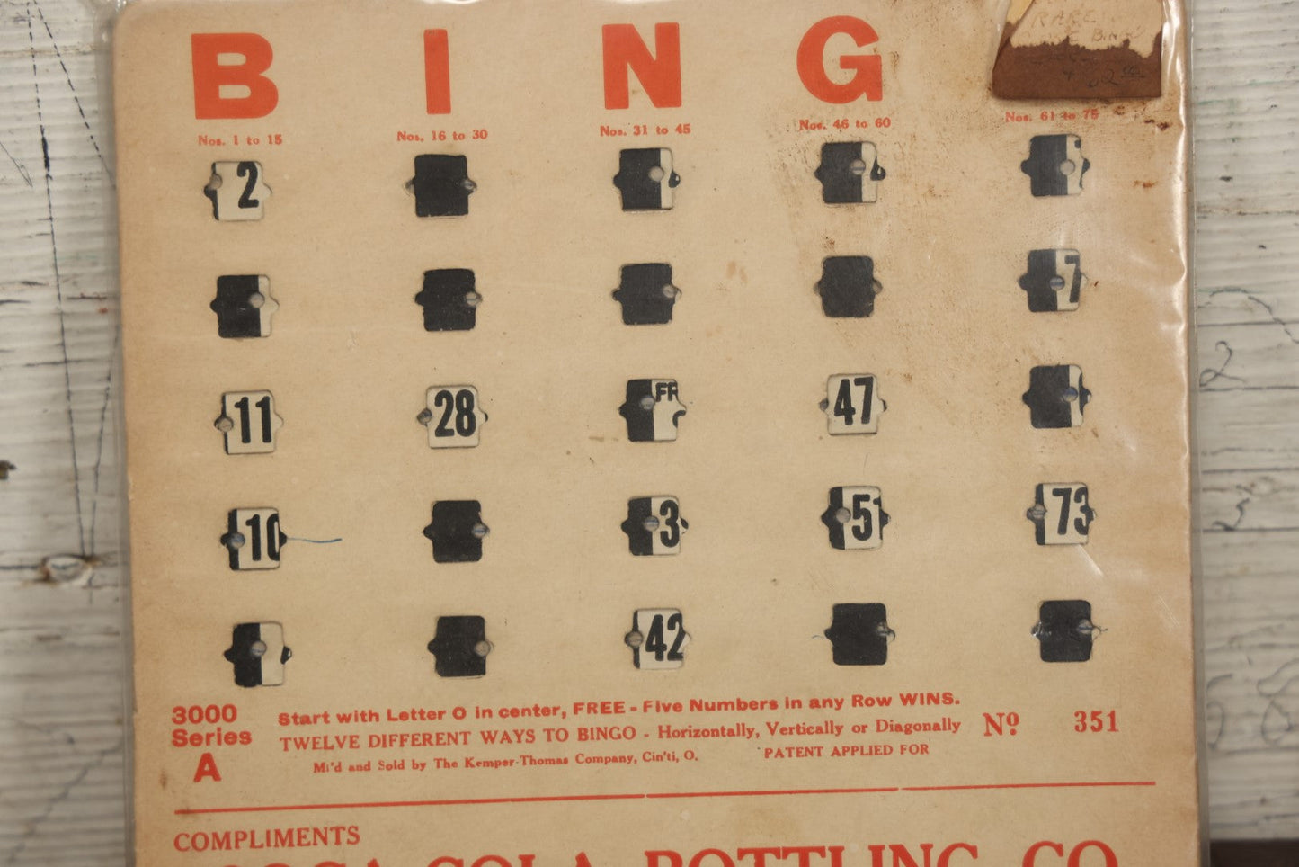 Lot 093 - Vintage Advertising Bingo Card Compliments Of The Coca-Cola Bottling Company, Manufactured By The Kemper-Thomas Company, Cincinnati, Ohio, No 351, Circa 1940s