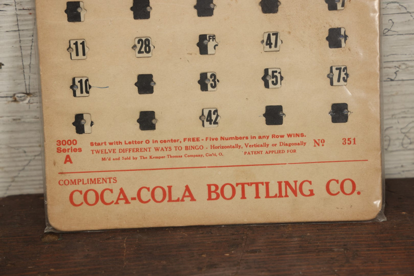 Lot 093 - Vintage Advertising Bingo Card Compliments Of The Coca-Cola Bottling Company, Manufactured By The Kemper-Thomas Company, Cincinnati, Ohio, No 351, Circa 1940s