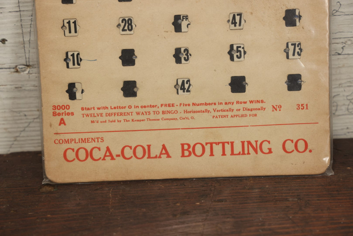 Lot 093 - Vintage Advertising Bingo Card Compliments Of The Coca-Cola Bottling Company, Manufactured By The Kemper-Thomas Company, Cincinnati, Ohio, No 351, Circa 1940s