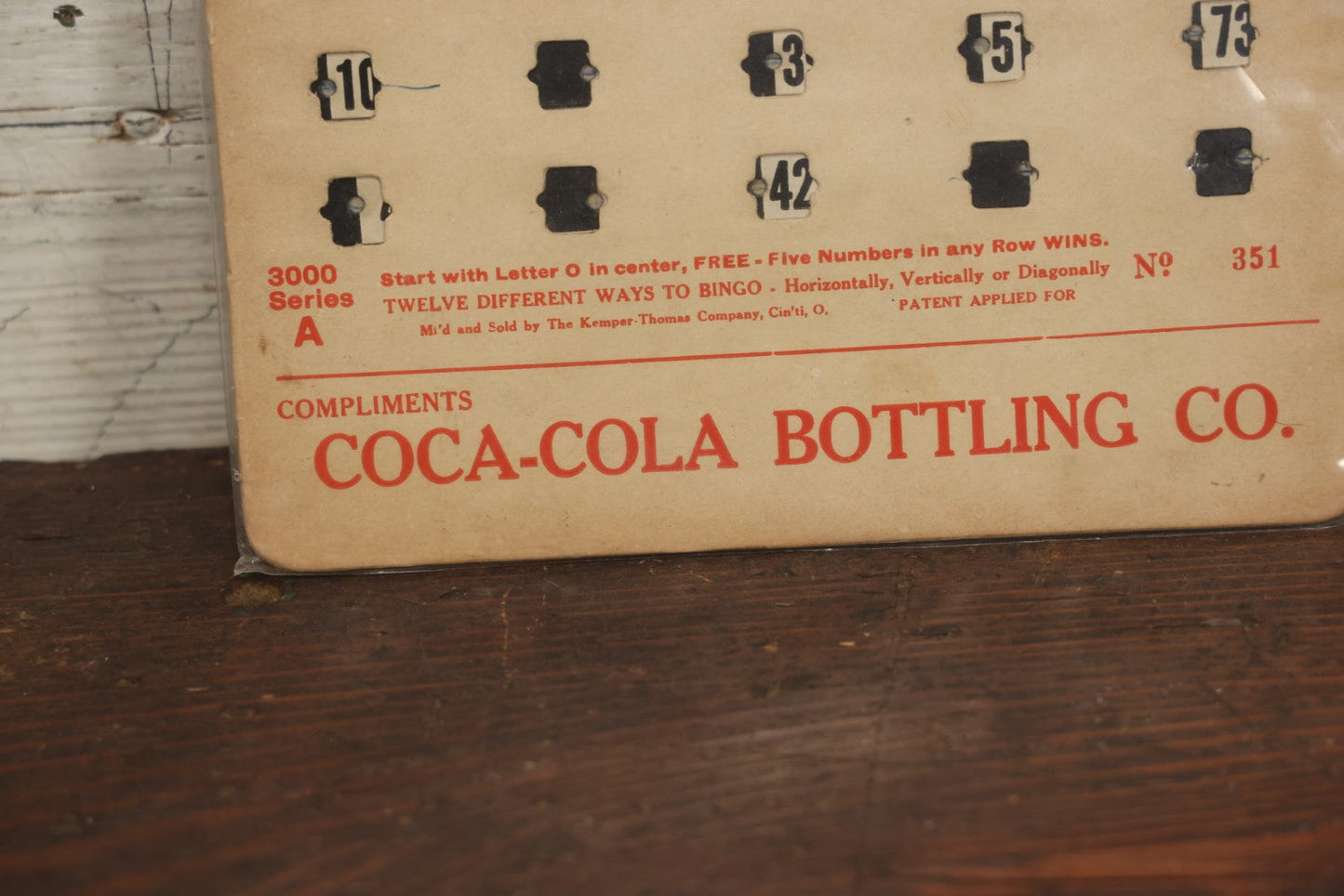 Lot 093 - Vintage Advertising Bingo Card Compliments Of The Coca-Cola Bottling Company, Manufactured By The Kemper-Thomas Company, Cincinnati, Ohio, No 351, Circa 1940s