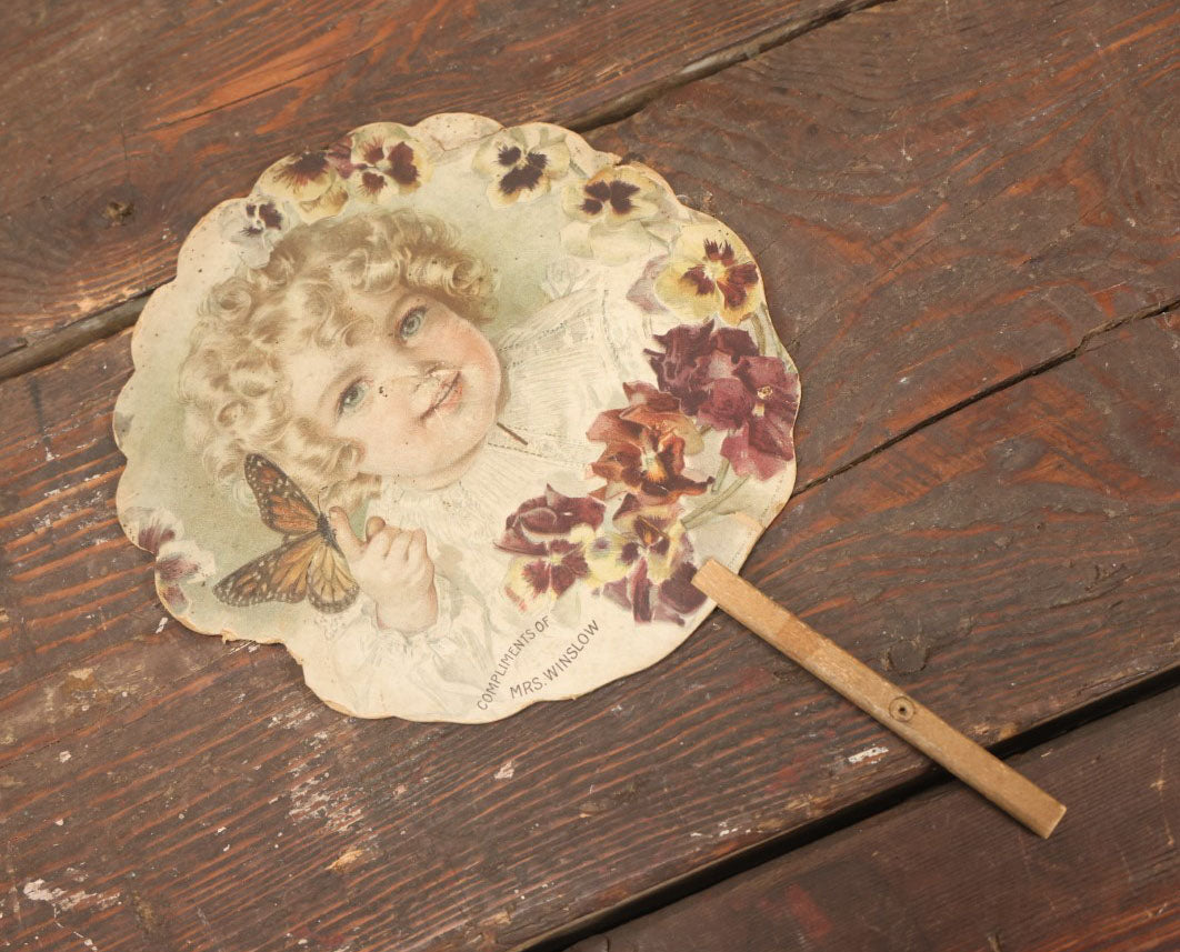 Lot 096 - Antique Paper Advertising Fan Compliments Of Mrs. Winslow's Soothing Syrup, With Baby And Butterfly On Front, For Children Teething 