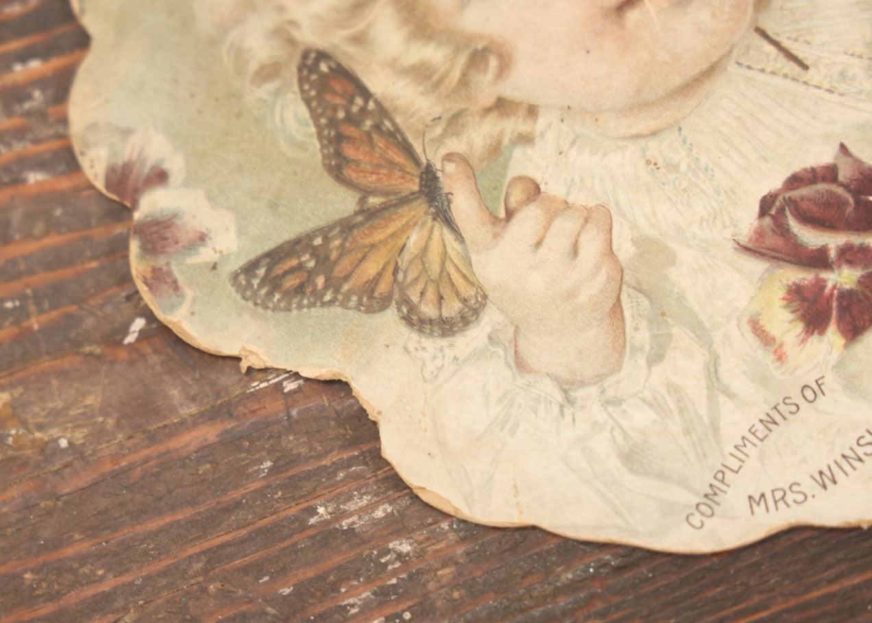 Lot 096 - Antique Paper Advertising Fan Compliments Of Mrs. Winslow's Soothing Syrup, With Baby And Butterfly On Front, For Children Teething 