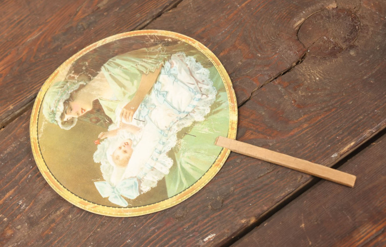 Lot 097 - Antique Paper Advertising Fan Compliments Of Mrs. Winslow's Soothing Syrup, With  Mother And Baby On Front, For Children Teething