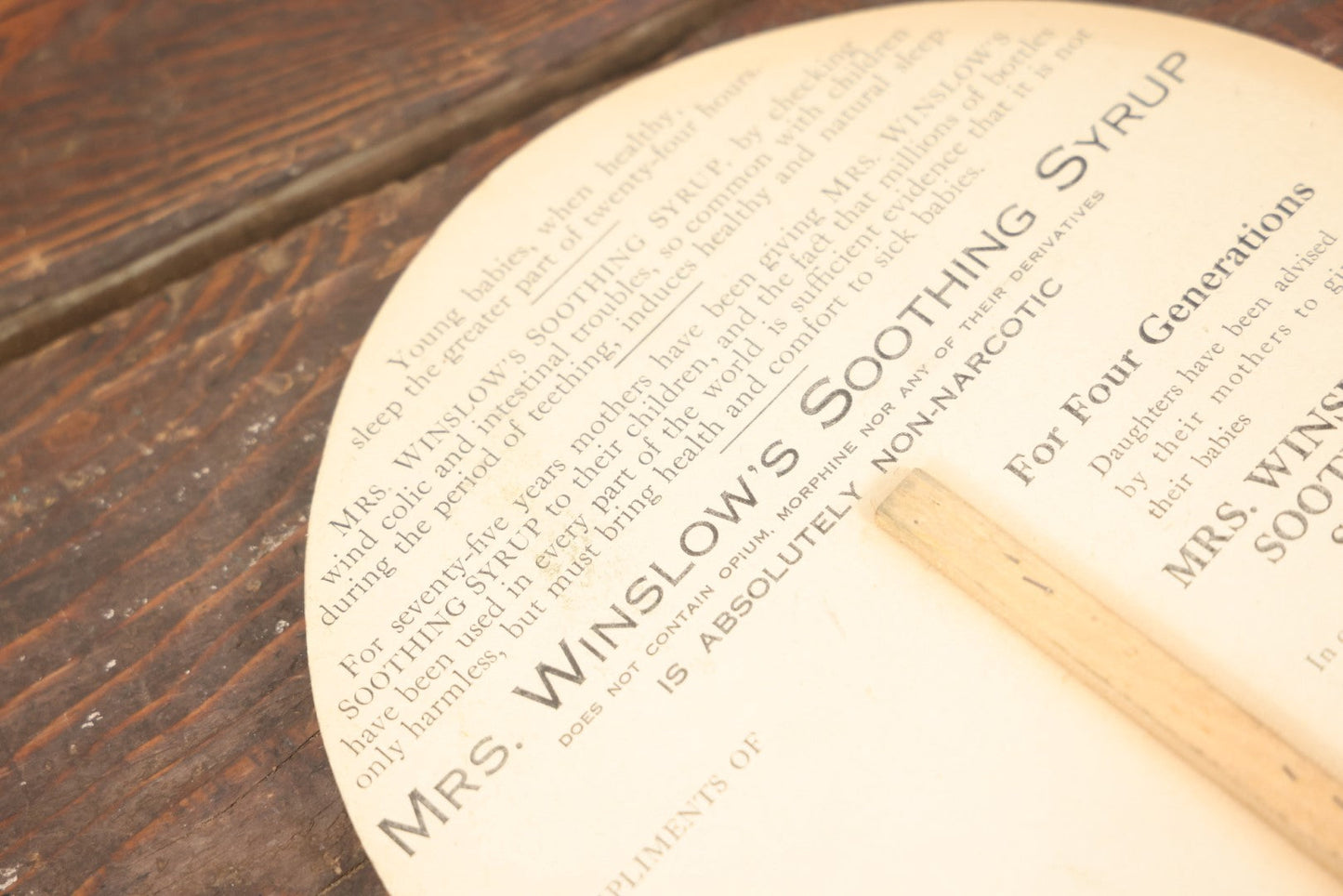 Lot 097 - Antique Paper Advertising Fan Compliments Of Mrs. Winslow's Soothing Syrup, With  Mother And Baby On Front, For Children Teething