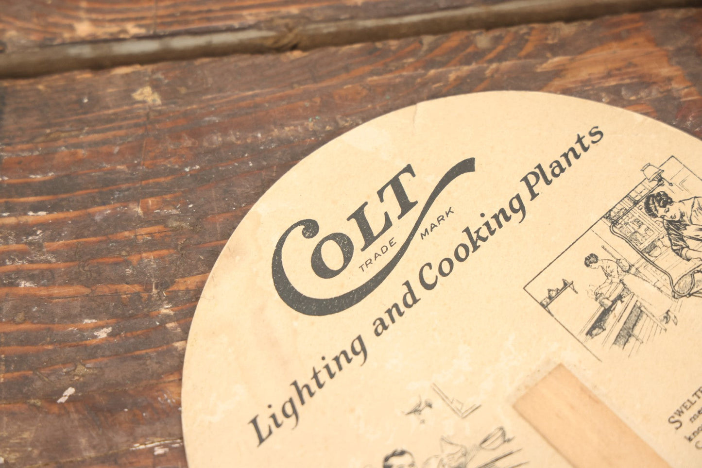 Lot 098 - Vintage Paper Advertising Fan For Colt Lighting And Cooking, Flashlight Graphic On Front