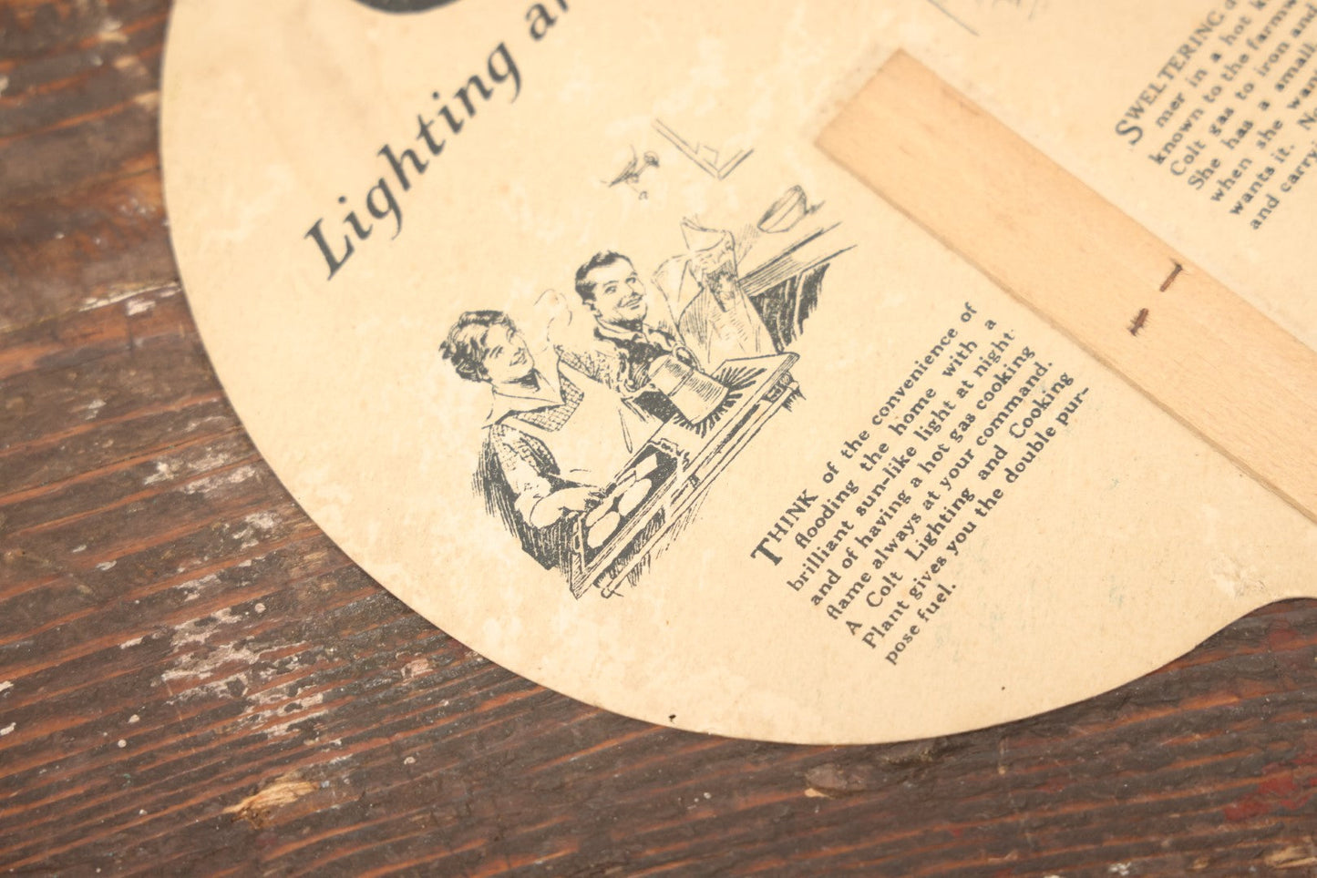 Lot 098 - Vintage Paper Advertising Fan For Colt Lighting And Cooking, Flashlight Graphic On Front