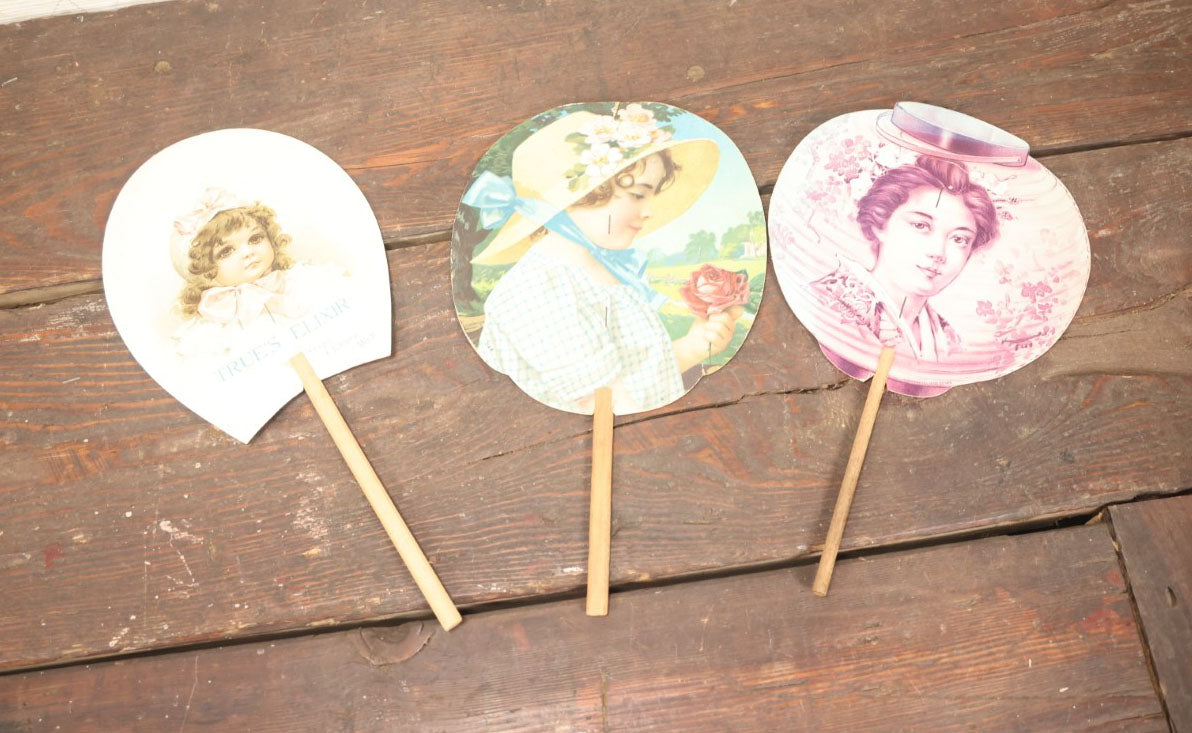 Lot 100 - Grouping Of Three Antique Paper Advertising Fans For True's Elixir, Meader's Flower Shop, And The Radcliffe Shoe