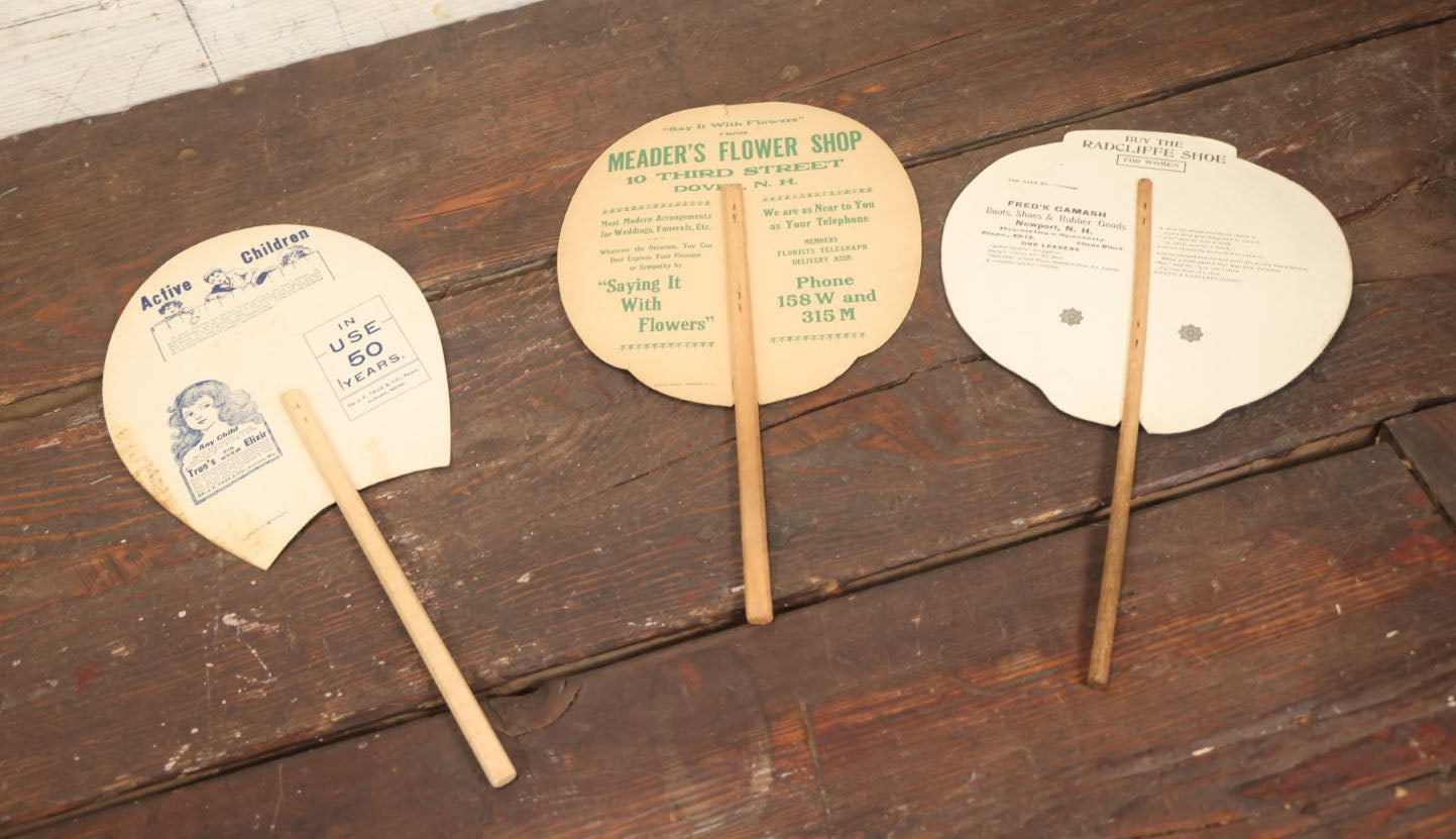 Lot 100 - Grouping Of Three Antique Paper Advertising Fans For True's Elixir, Meader's Flower Shop, And The Radcliffe Shoe