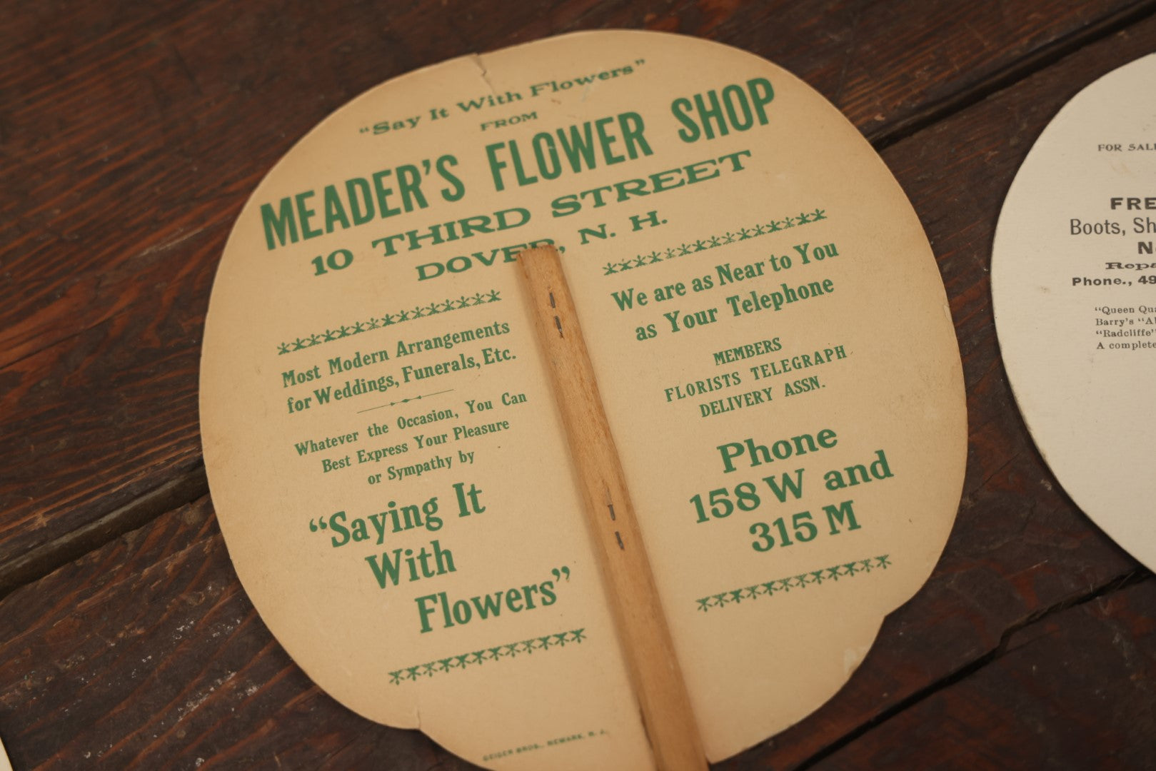 Lot 100 - Grouping Of Three Antique Paper Advertising Fans For True's Elixir, Meader's Flower Shop, And The Radcliffe Shoe