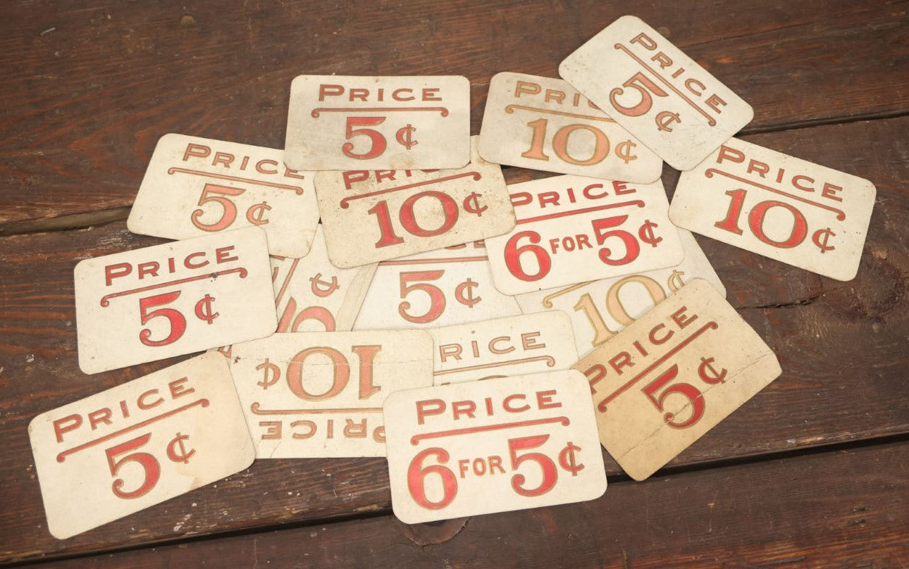 Lot 103 - Grouping Of 15 Medium Vintage Five And Dime Store Pricing Labels, 5C, 10C, And More, Embossed, Red Text, Approximately 3-1/2" x 5-1/2"