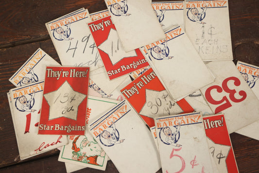 Lot 105 - Grouping Of 45 Medium Vintage Five And Dime Store Pricing Labels, "Another Glad Tidings Bargain," "Star Bargains," Christmas Tags, And More, Approximately 3-1/2" x 5-1/2"