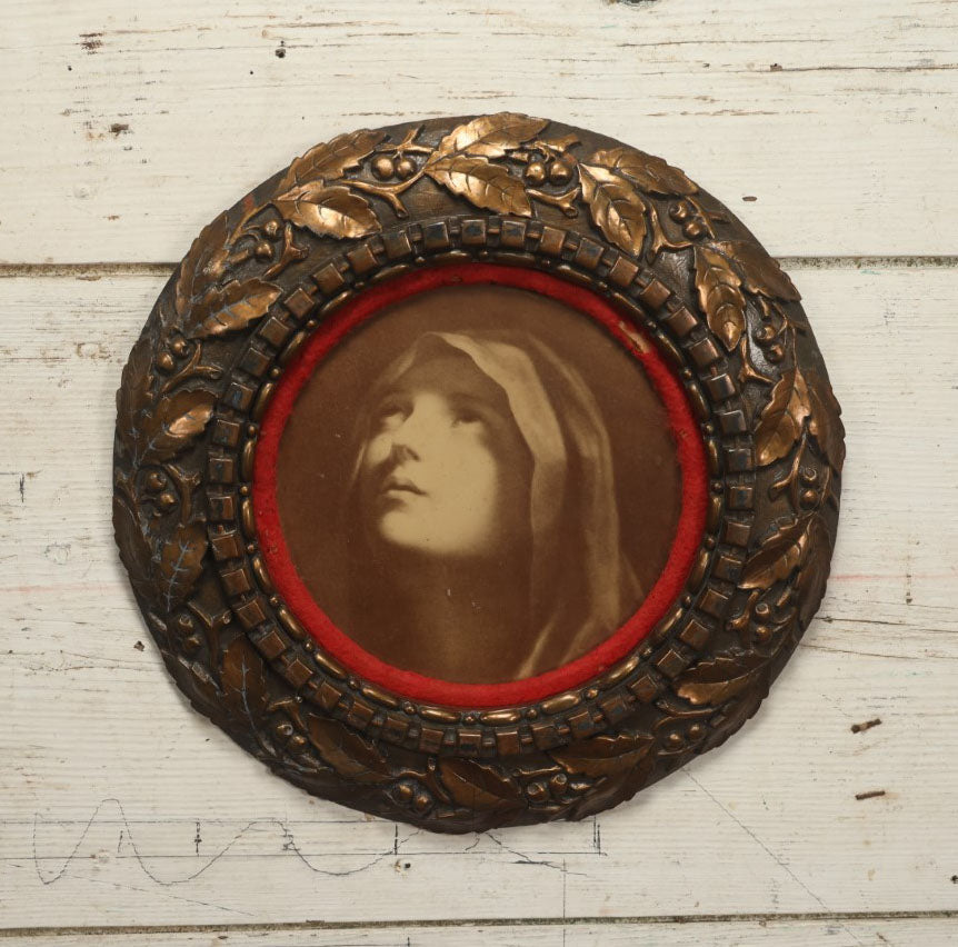 Lot 109 - Antique Circular Framed Print Of The Virgin Mary, In Pressed Round Frame With Red Fabric Mat Surround, Paper Label On Back From C.C. Van Etten & Co. Art Dealers, Des Moines, Iowa