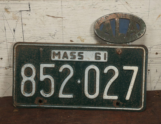 Lot 110 - Vintage Massachusetts 1961 Green Pressed Metal License Plate With Automobile Legal Association A.L.A. Topper, Number 852027, Note Various Wear, Rust