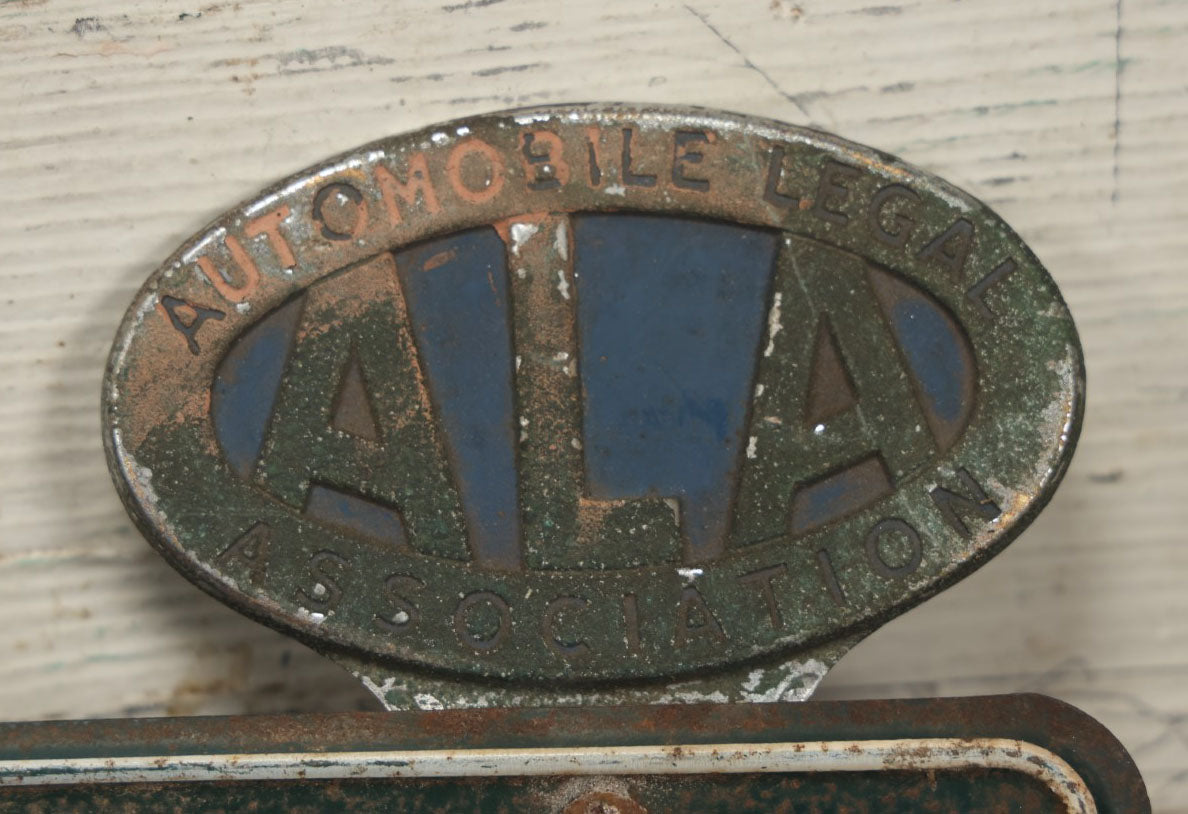 Lot 110 - Vintage Massachusetts 1961 Green Pressed Metal License Plate With Automobile Legal Association A.L.A. Topper, Number 852027, Note Various Wear, Rust